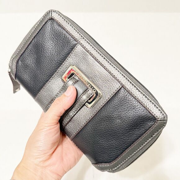 Tignanello Black Metallic Zip Around Bifold Wallet Organizer Clutch Pebbled Coin - Picture 5 of 7